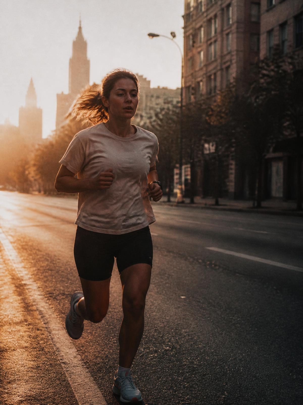 A first-time marathon runner at dawn